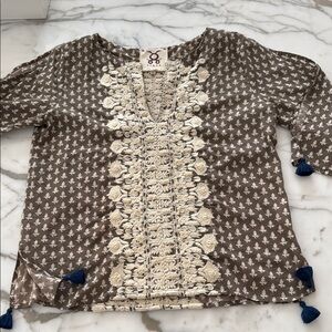 FIQUE designer taupe and cream top Embroidered Brown and Cream tassel S